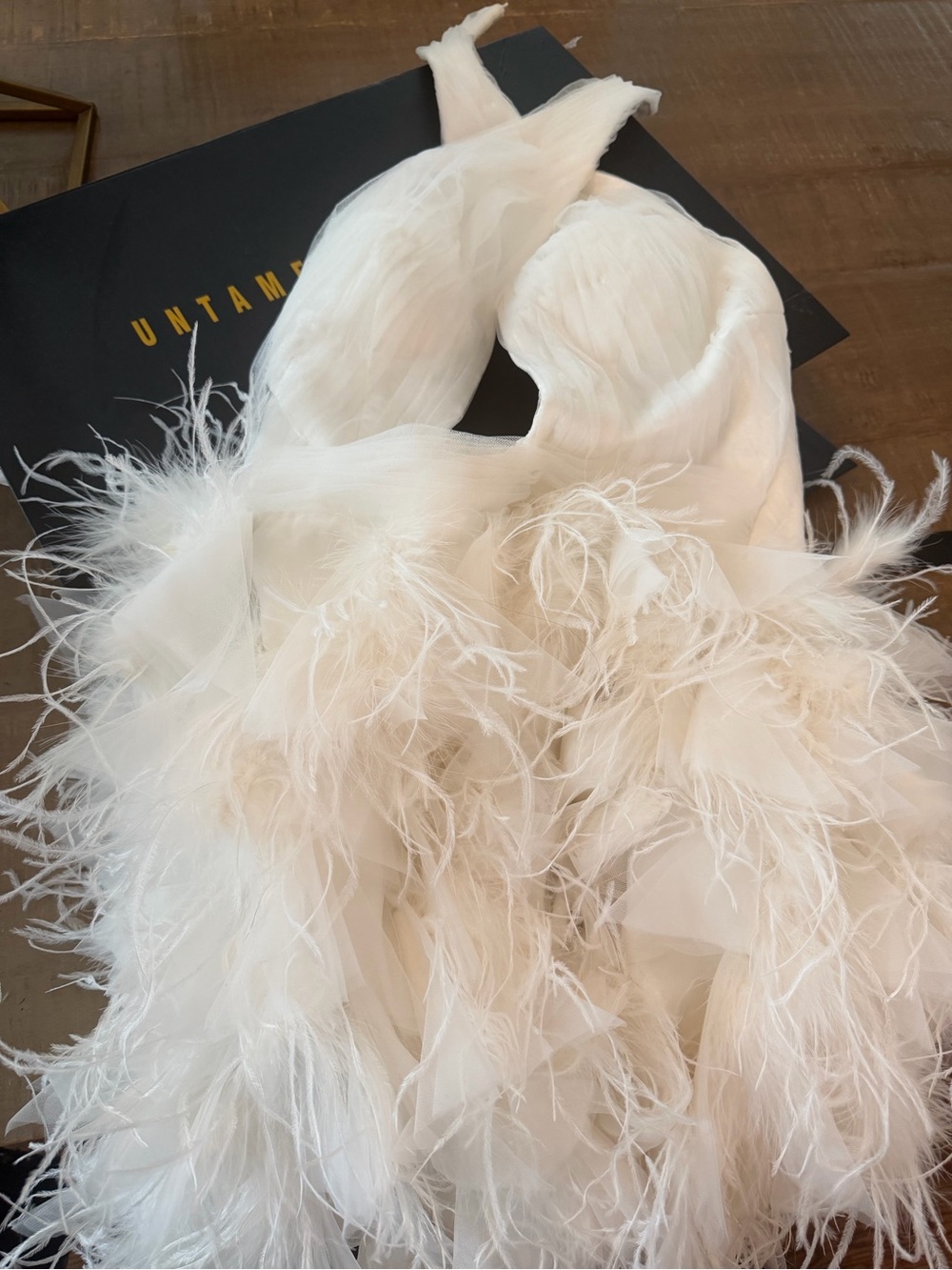 UNTAMED PETALS BY AMANDA JUDGE White Backless Feather Halter Dress